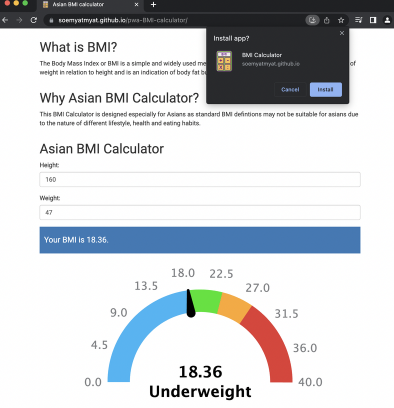 PWA BMI Calculator Screenshot BMI-calculator